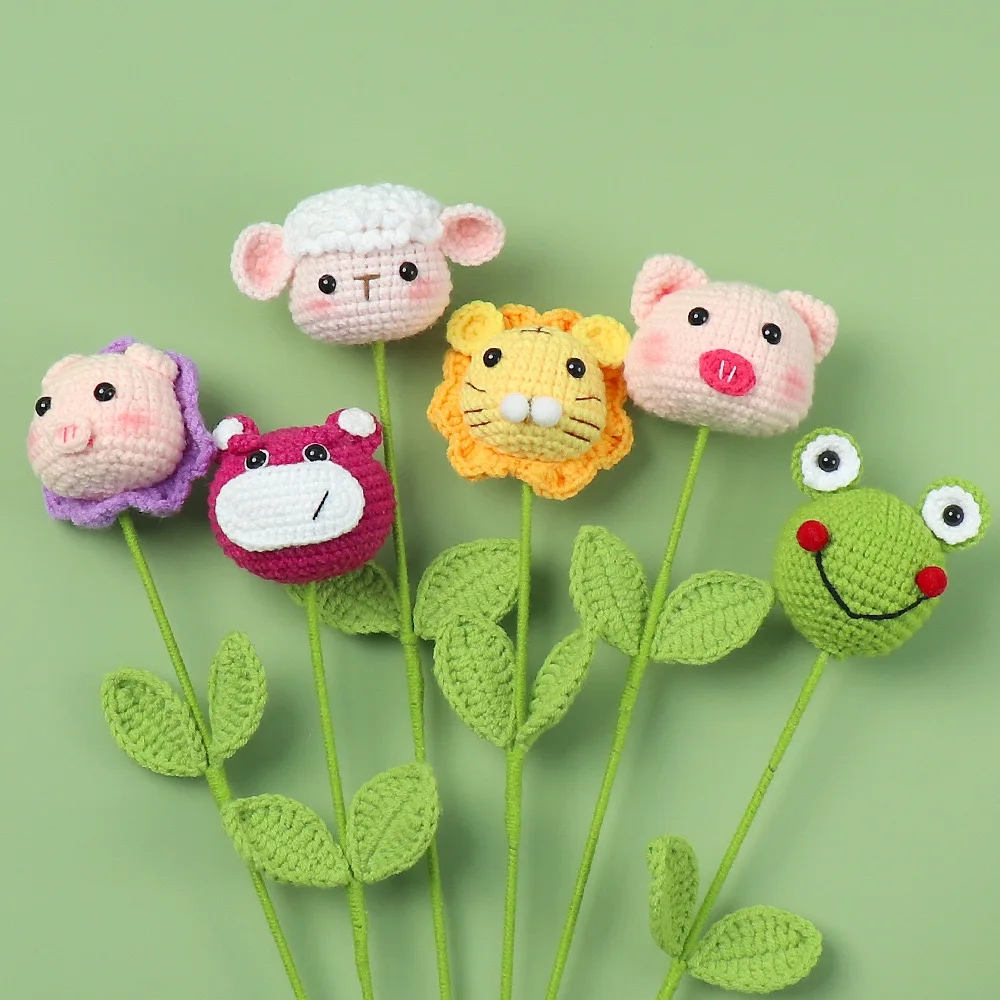 H057 Wholesale Handmade Crochet Animal Sheep Bear Frog Piggy Persimmon Flower Branch Children Artificial Flower