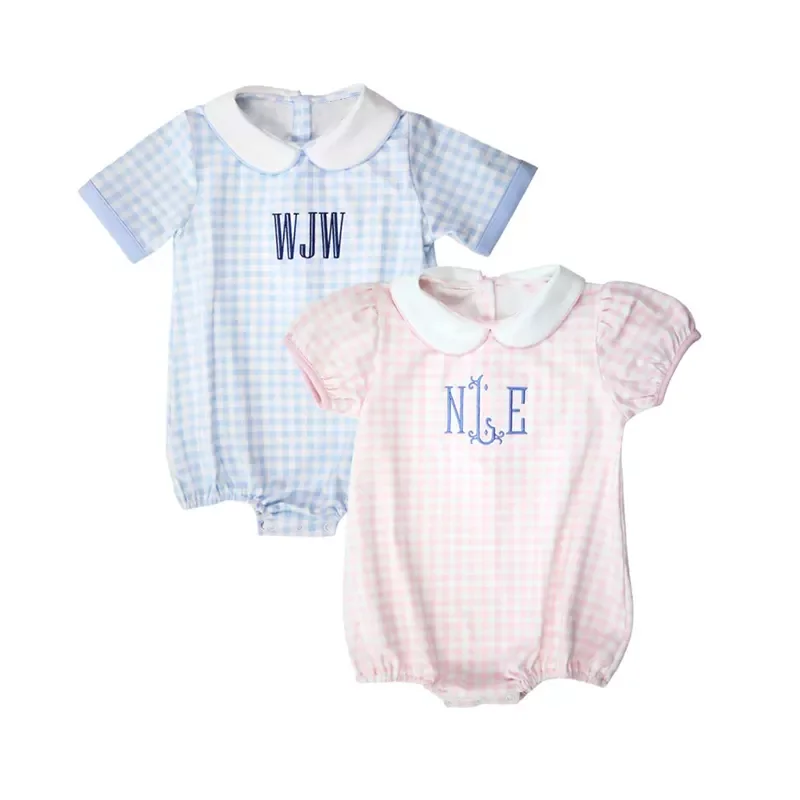 Personalized Unisex Baby Bubble Romper Monogram Baby Knit Pink Gingham Bubble Romper