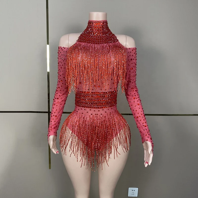 Red Black Rhinestones Fringes Transparent Bodysuit Women Dance Celebrate Performance Costume Birthday Evening Outfit