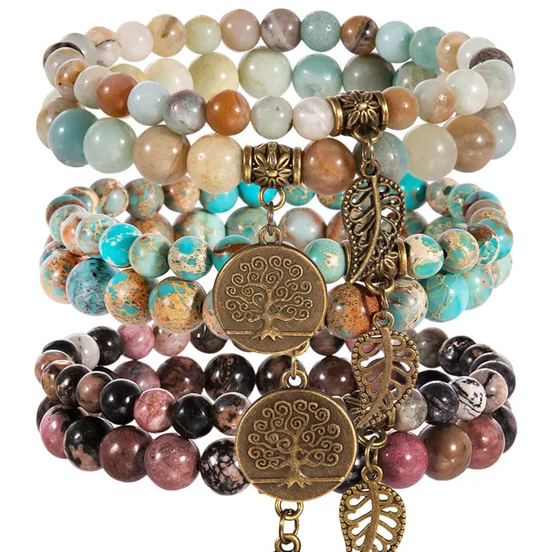 Natura Gemstone Beads Bracelet For Women Tree Of Life And Leaf Charm Chakra Energy Healing Stretch Bracelet (KB8556)