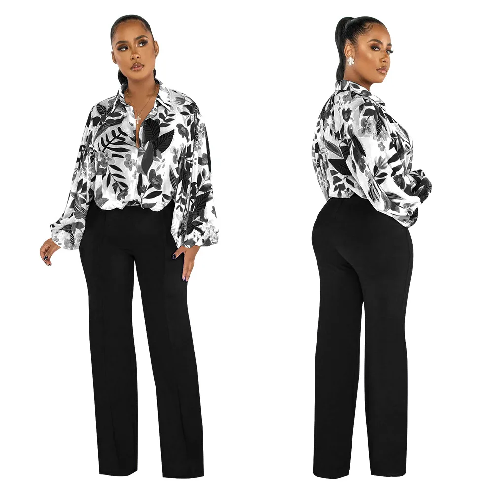 J&H 2023 spring fall fashion printed shirts and blazer pants ladies chiffon top slim fit long sleeve causal outfits