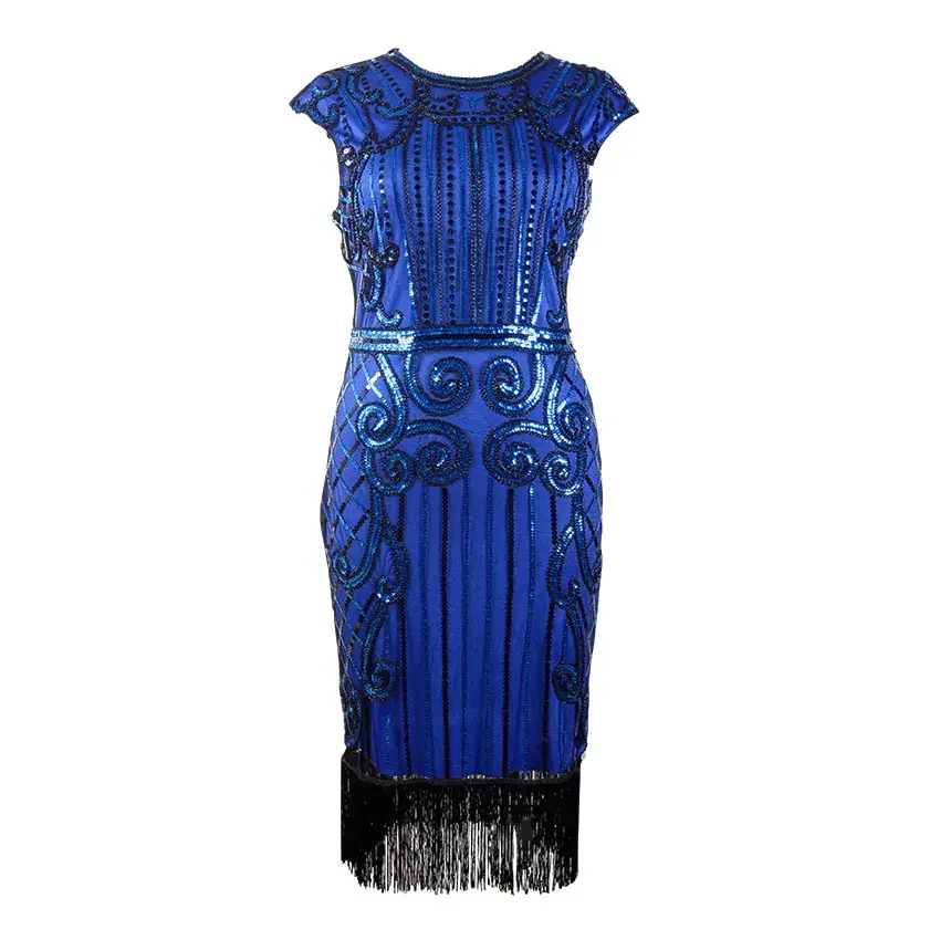Женское винтажное платье 1920 годов с блестками облегающее вечернее круглым вырезом и кисточками расшитое