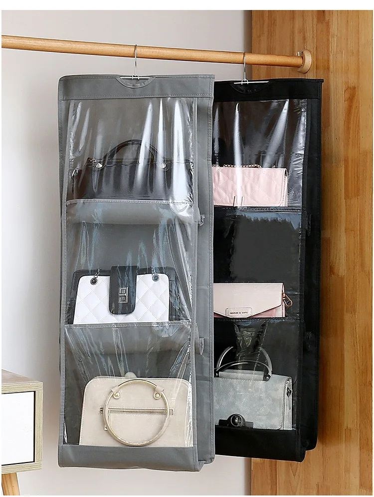 Home Organization 6 Pocket Gray Hook Hanger Big Bags Storage Hanging Handbag Organizer Storage Bag