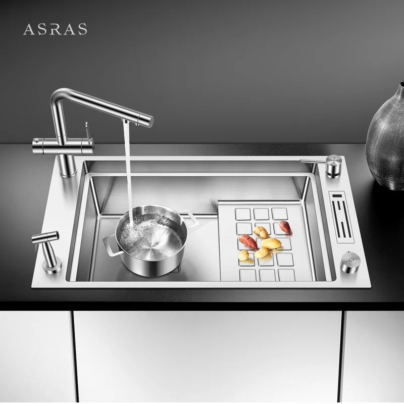 Asras Stainless Steel 304 single bowl Handmade Sink stepped-base sink 8143J for Kitchen Hotel Villa Apartment