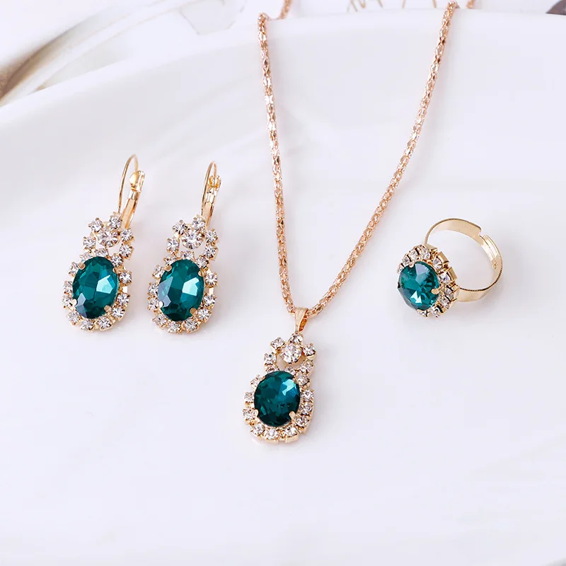 Fashion New Hot Selling Gemstone Claw Chain Diamond Necklace Earrings Ring Three Piece Jewelry Sets Wholesale