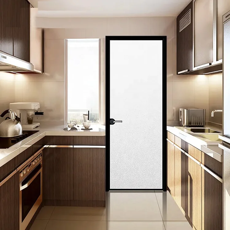 Office cafe slide and frameless shower swing bathroom design black aluminum casement kitchen partition toilet door frosted glass
