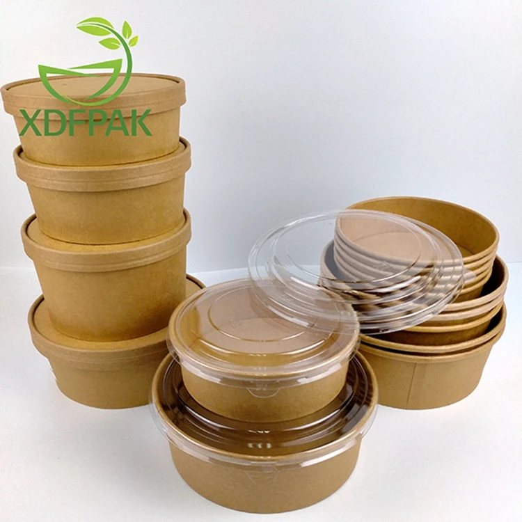 Disposable paper kraft salad box with PLA coating Disposable salad box kraft paper bowl round takeout box