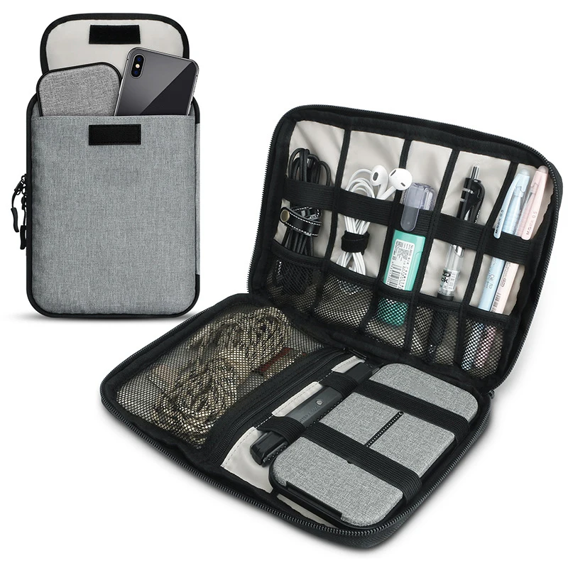 Travel Carrying Organizer Bag For Cable USB Charger Elastic Holder Mesh Pocket Storage Power Bank Hard Drive Tablet Sleeve Large