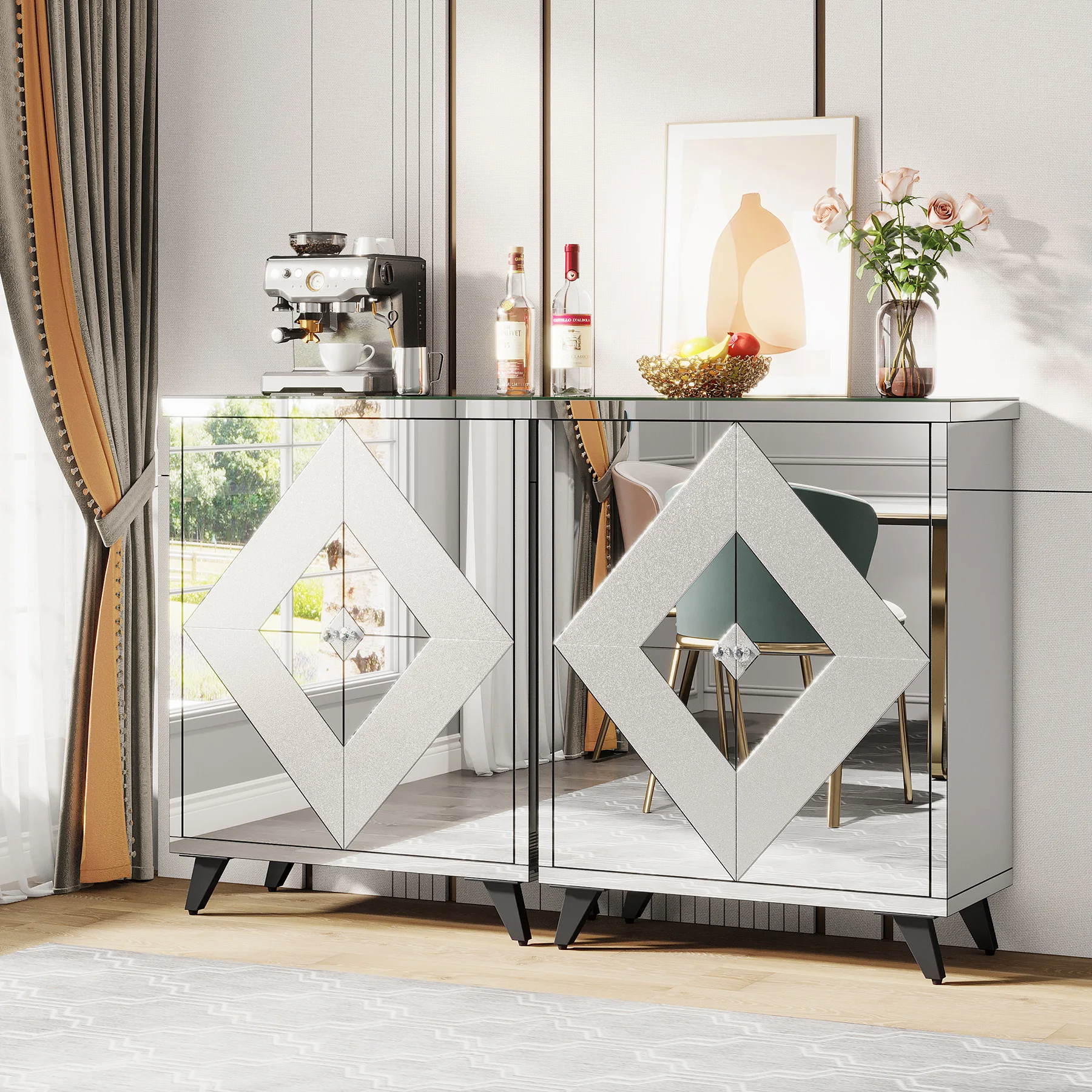 Tribesigns New Arrival Modern Acrylic Crystal Mirrored Doors Kitchen Sideboard Entryway Shoe Storage Organizer