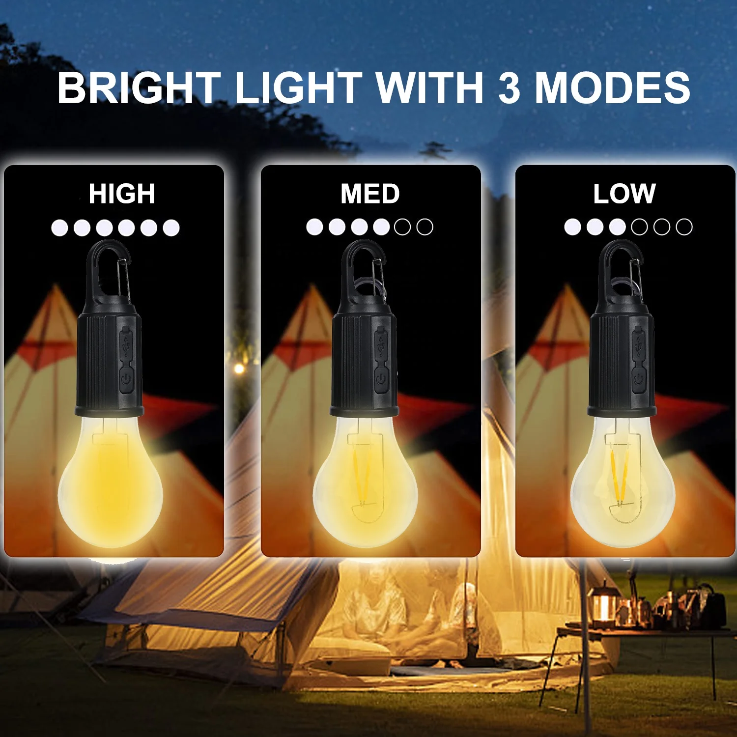 Camping Lantern with 3 Lighting Modes Hanging Tent Light Bulbs with Clip Hook for Camping