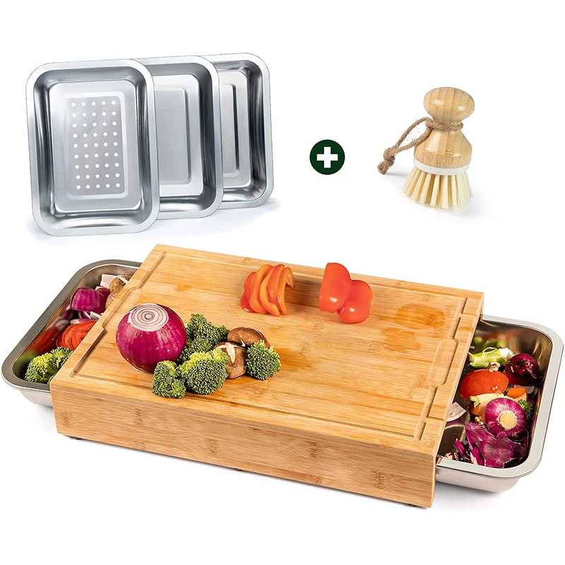 Chopping Board Made of High-Quality Bamboo Chopping Board with 3 Stainless Steel Crumb Trays Practical Wooden Board Kitchen Non