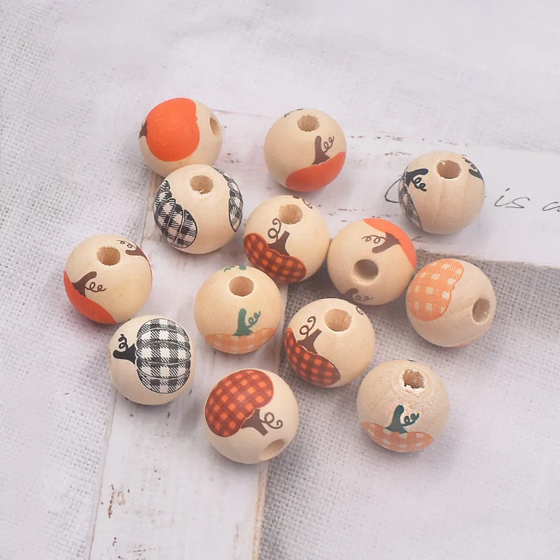 XuQian 16mm Natural Wooden Loose Beads Round Ball Pumpkin Spacer Beads for Halloween Party Crafts