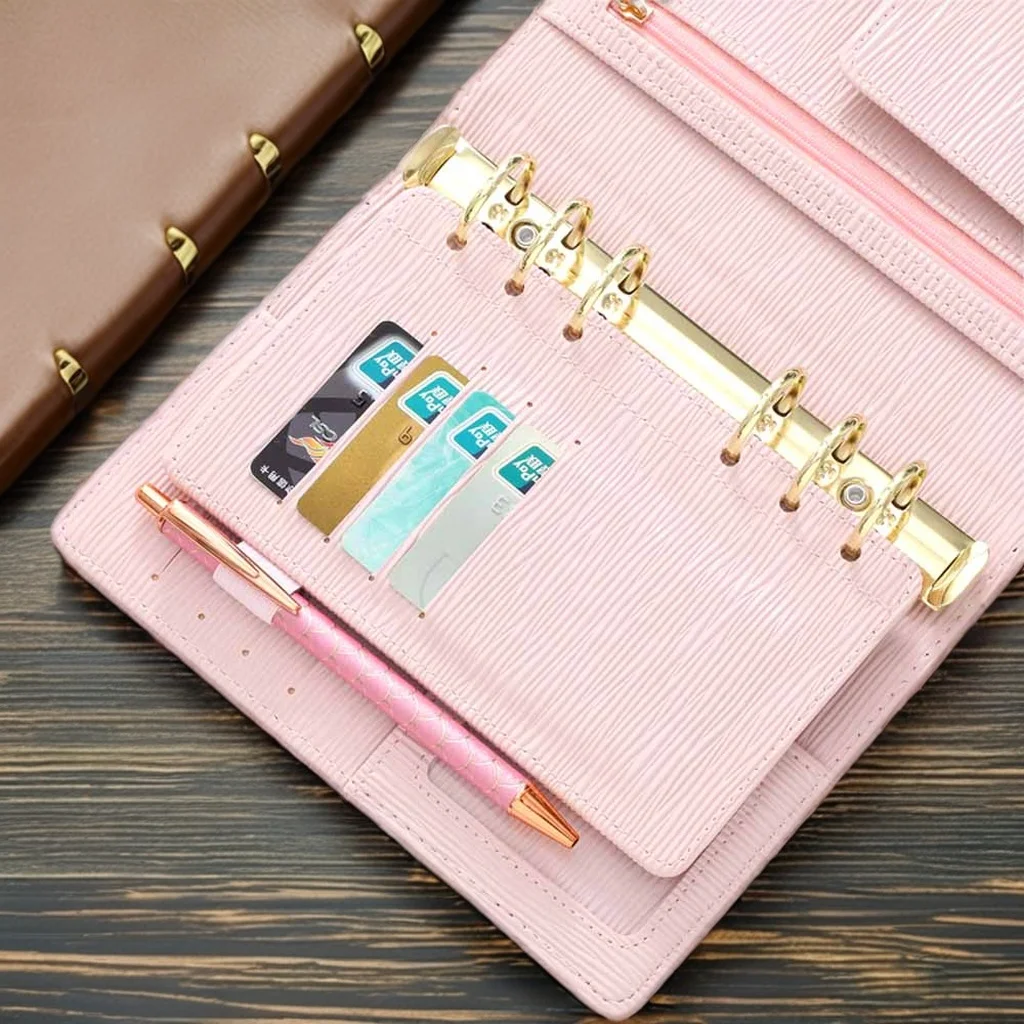 Hongbo Best Selling 17-Color School/Office/Xmas Gift A6 Saffiano Epi Binder Loose Fly Leaf Dashboard with Card Slots & Pen Loop