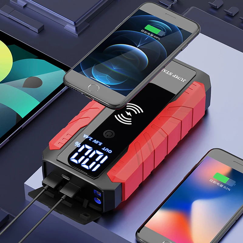 Многофункциональный стартер 20000 мАч с беспроводной зарядкой, большой экран со светодиодным светом
