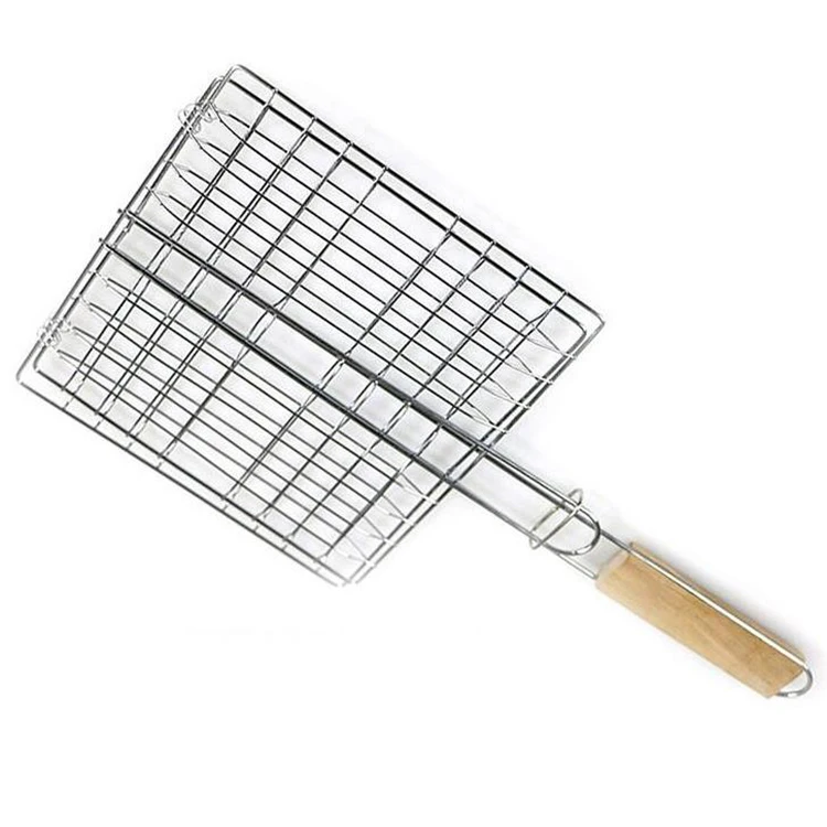 
outdoor grill fish barbecue tools Stainless steel wooden handle square grill net 