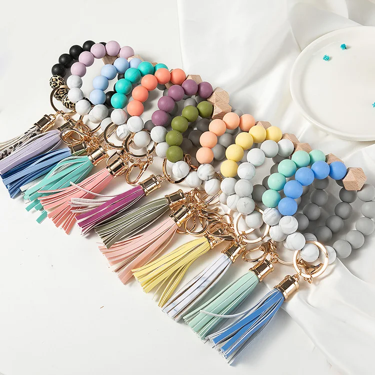 Wholesale Silicone Beads Elastic Bangle Bracelet Keychain Leather Tassel Silicone Beads Bracelet Wristlet Keychain