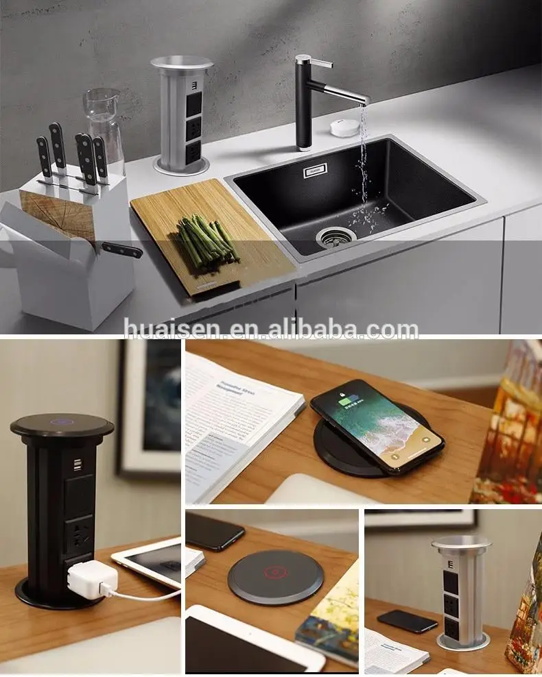 Factory wholesale universal built-in motorized popup socket smart wireless electric kitchen desktop eu uk pop up lifting socket
