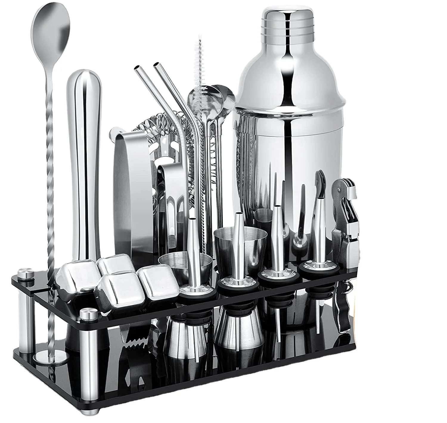 International Latest Design Bar ware Tools Wooden Stand Bag Travel Gift Stainless Steel Bartender Kit Bar Accessories