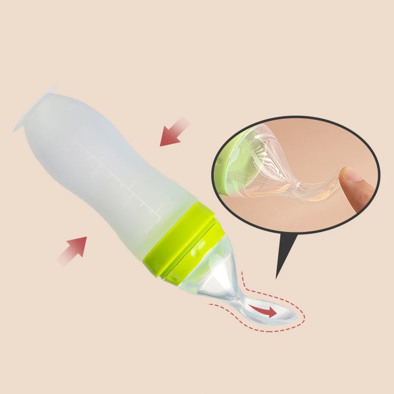 Private label logo Silicone food fruit feeder baby Feeding dispensing spoon bottle with suction sucker