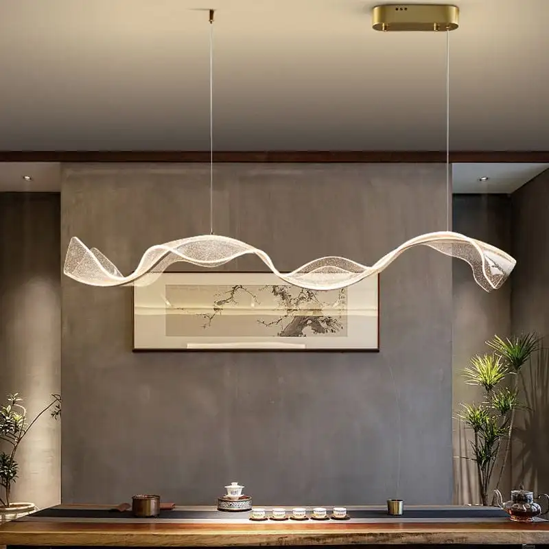 Modern Wave Acrylic Ribbon Linear Led Pendant Light For Dining Room Kitchen Island Long Hanging Restaurant Chandelier for Salon