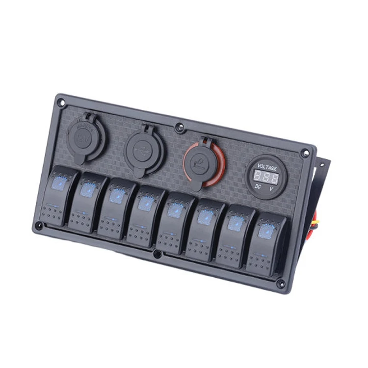 Waterproof 12 Gang Marine Boat Rocker Switch Panel With Fuse 4.2A Dual USB Slot Socket + Digital Voltage Display + Cigarette
