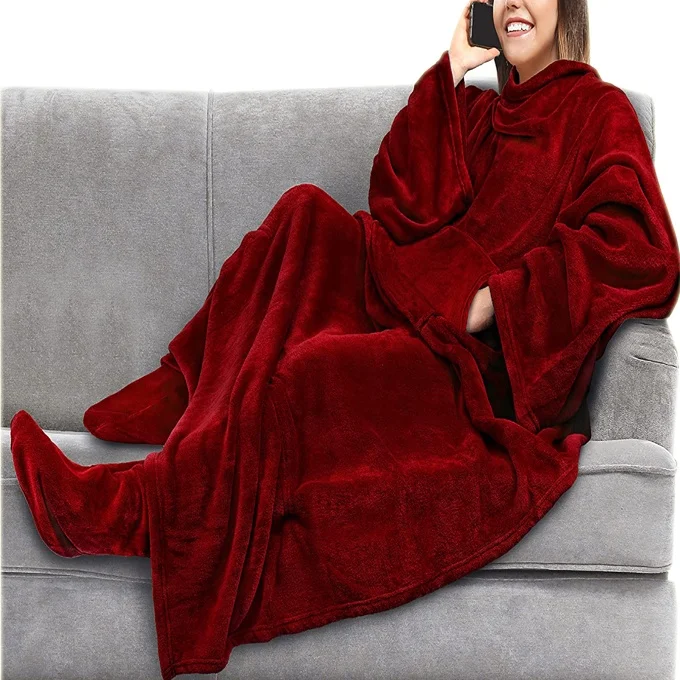 100% double-sided oversized soft TV wearable fleece blanket with sleeves and legs