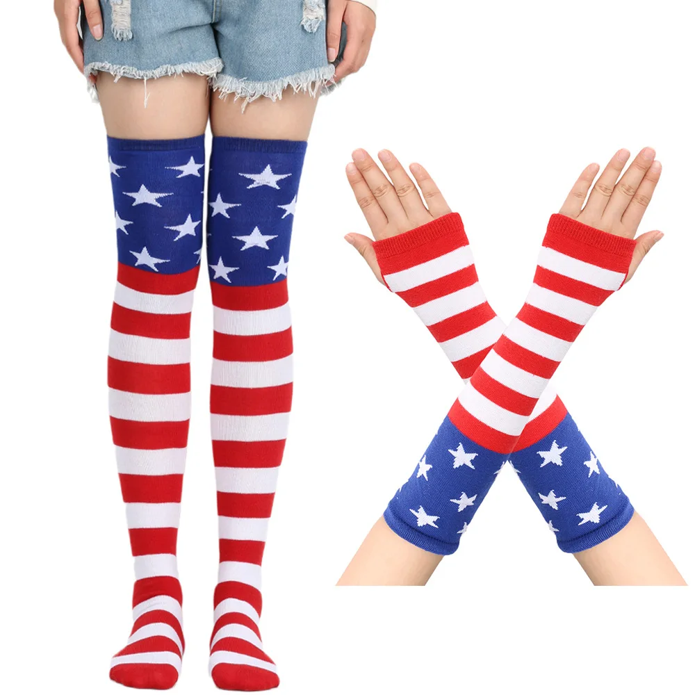 4th of July Independence Day Stars Stripe Thigh Socks Gloves Women Stockings American Flag Stockings Over the Knee Socks