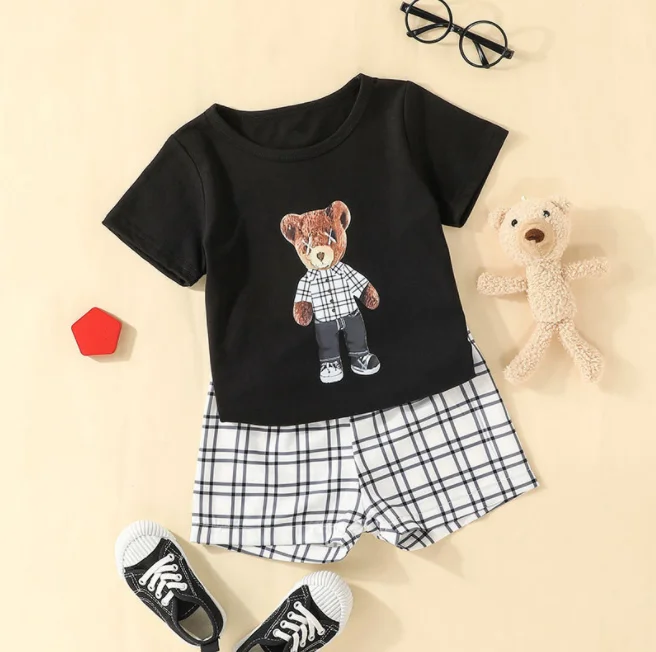 2pcs/Set Summer Wear Boys Black Cartoon Bear Print Short Sleeve T-shirt Matching Plaid Shorts Set For Boys Kids Clothes