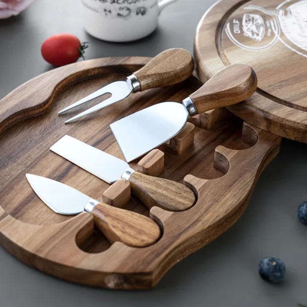 wholesale Premium charcuterie board set Acacia Wood Round Cheese Board Set With Drawer Cheese Knife Set