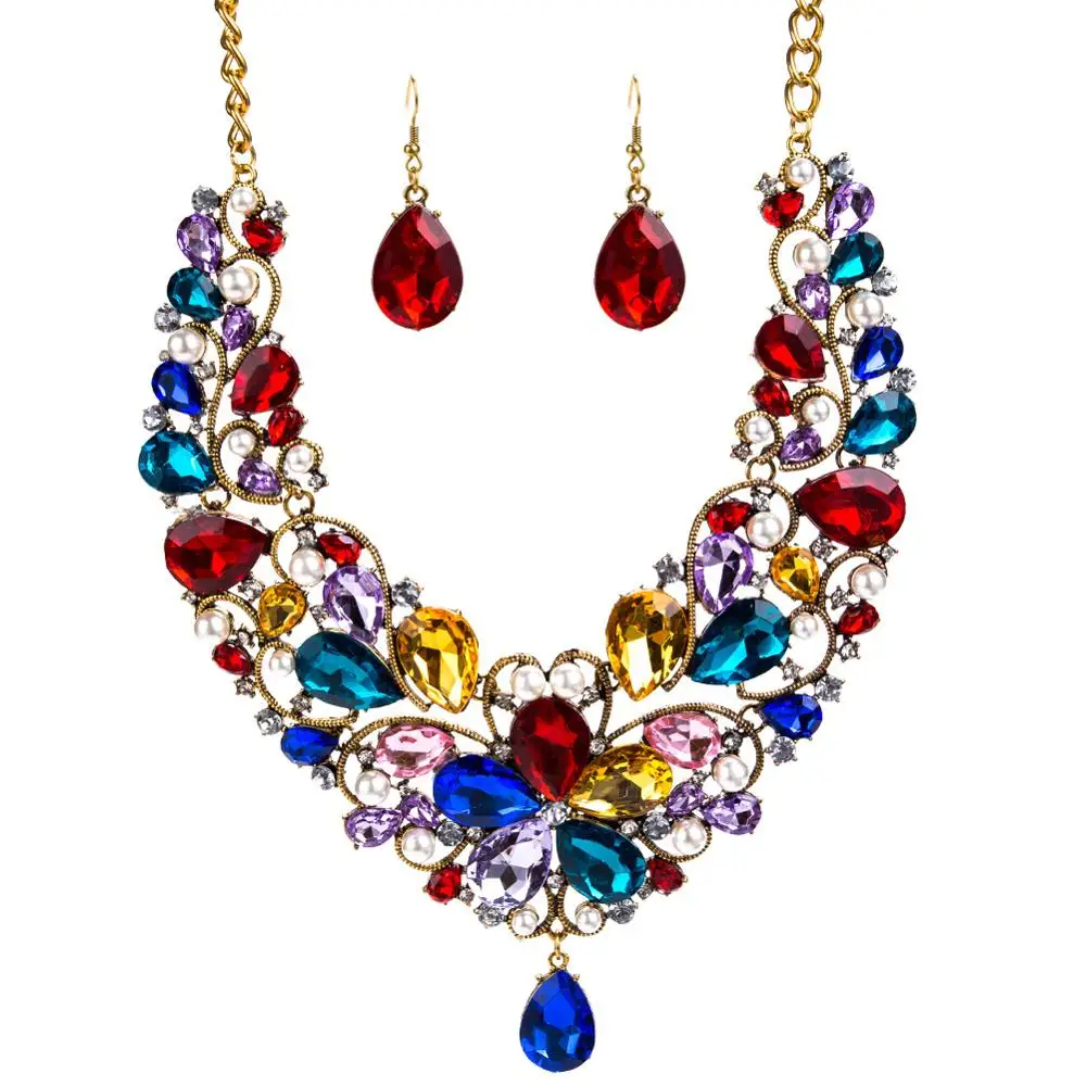 Exaggerated Big Glass Drill Drop Type Bridal Necklace Jewelry Set