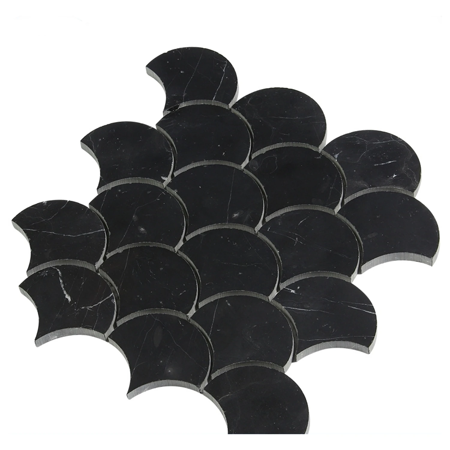 Black Nero Marquina Polished Kitchen Backsplash Fan Shape Marble Mosaic Tiles for Shower Wall Waterjet Pattern