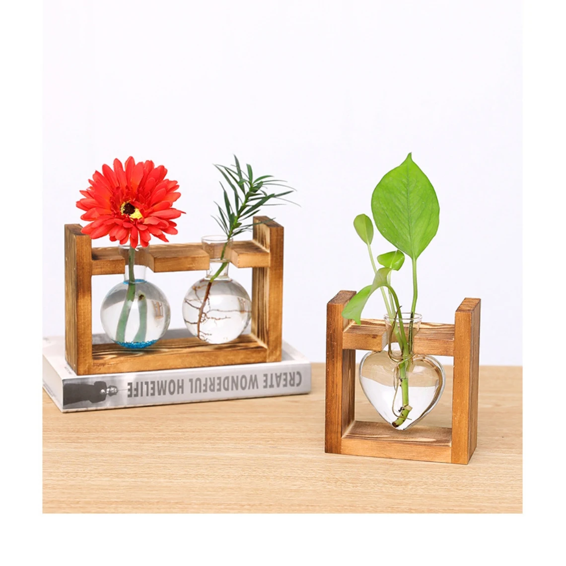 Vintage Two Bulbs Vintage Home Decor Gift Ornaments Frame Hydroponic Flower Vase Glass & Crystal Vases Living Room Table Wooden