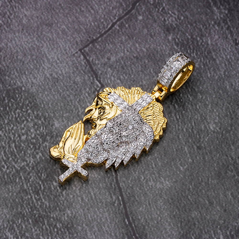 Newly iced out religious 14k 18k gold plated zirconia half Jesus face half lion head praying hand cross pendants fine jewelry