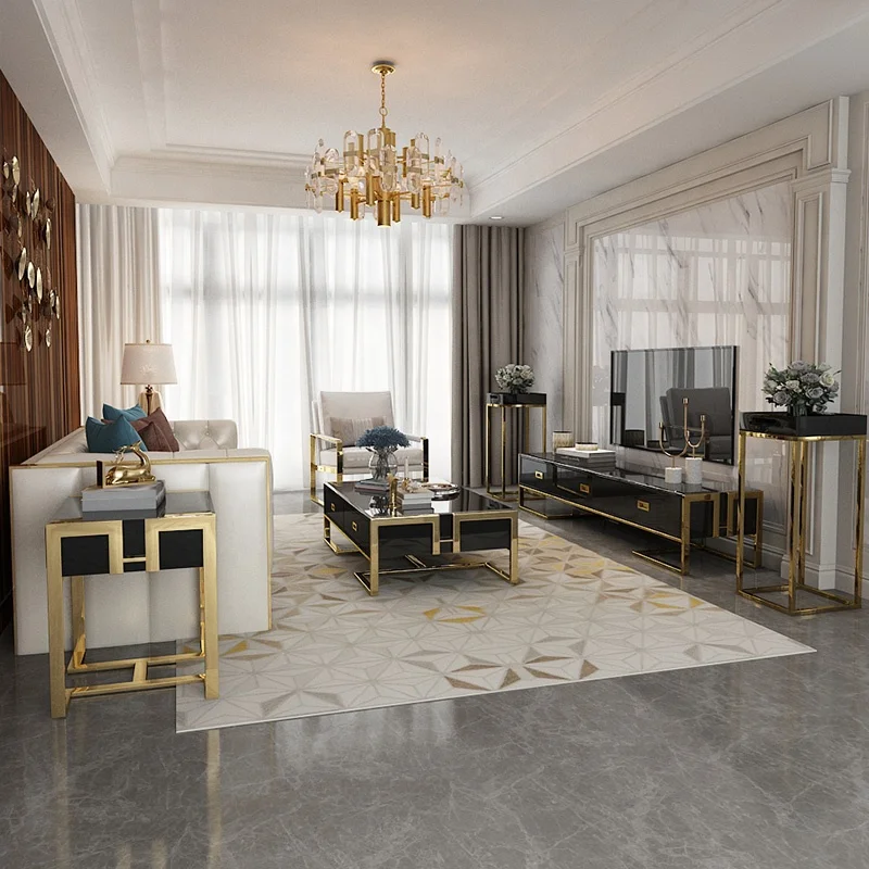 Modern TV cabinet light luxury rectangular stainless steel glass top TV stand and coffee table