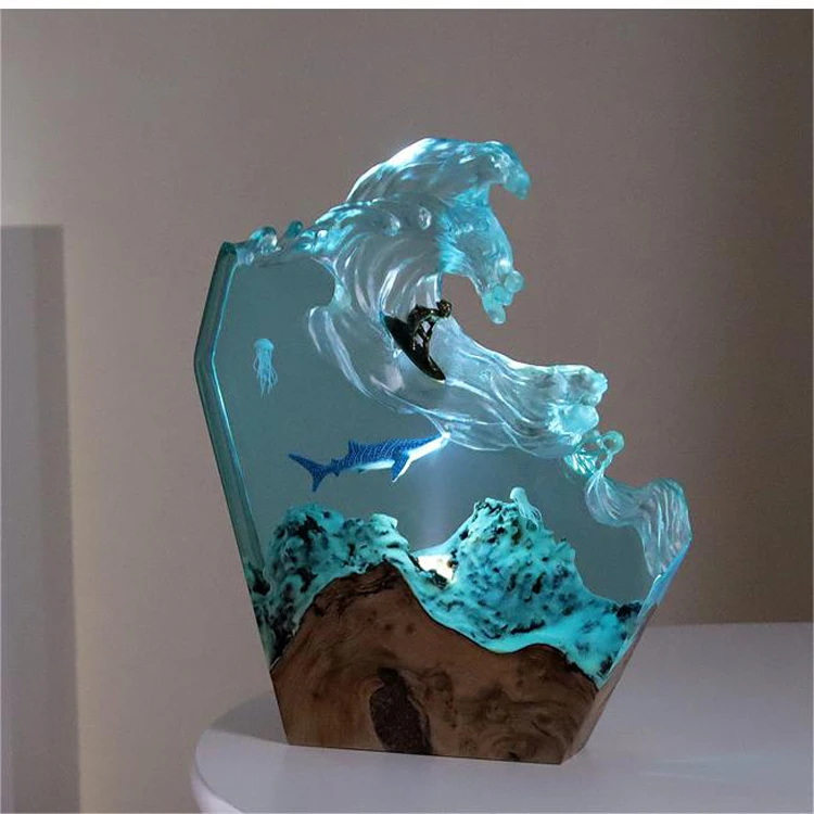 New Design Resin Ocean Surfer Shark Lamp Wooden Resin Crafts Decor Night Light Handmade Home Decoration Light