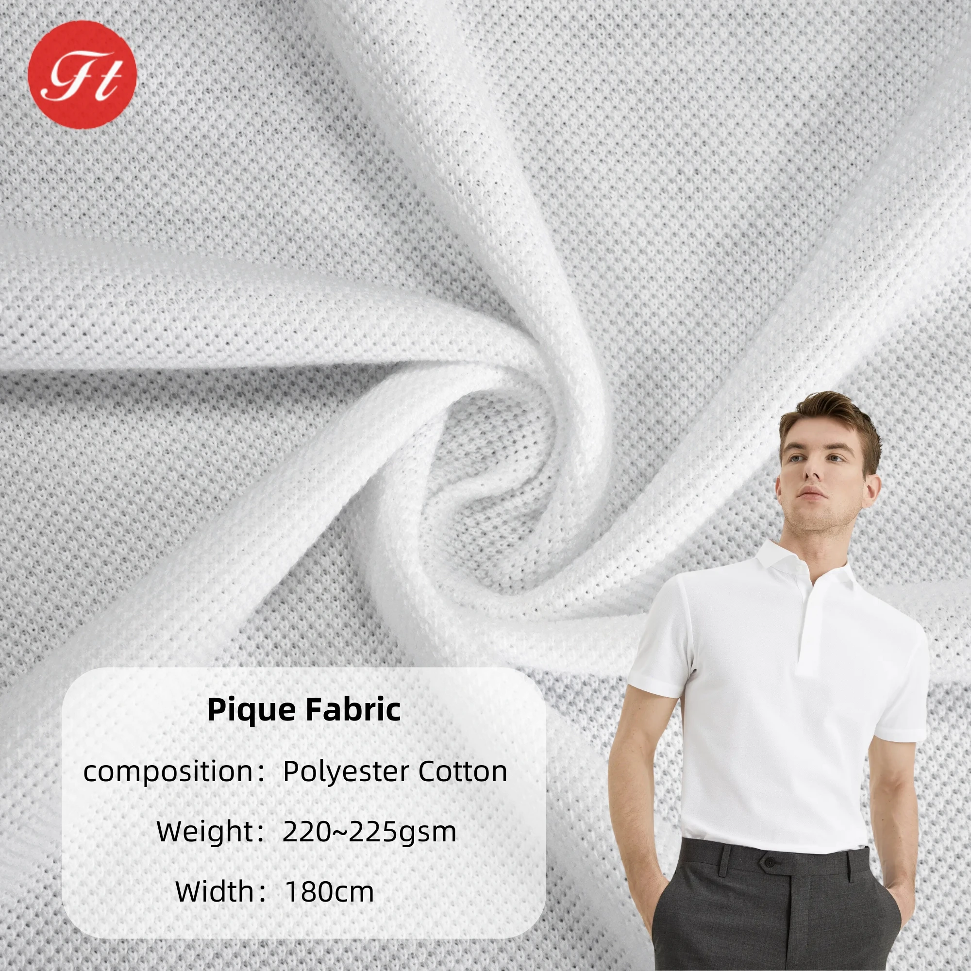 Wholesale Plain Solids Wicking Sweat Absorbing 220~225gsm TC Polyester Cotton Polo Shirts Pique Mesh Fabric