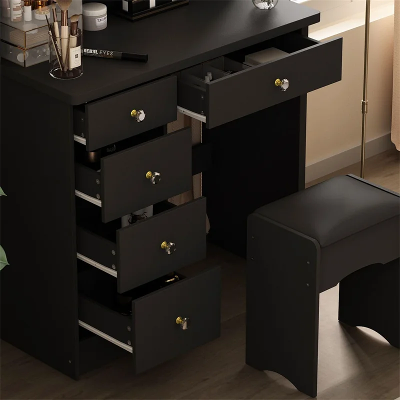 Light cosmetic mirror dressing table crystal handle Cushion Stool suitable for bedroom, black
