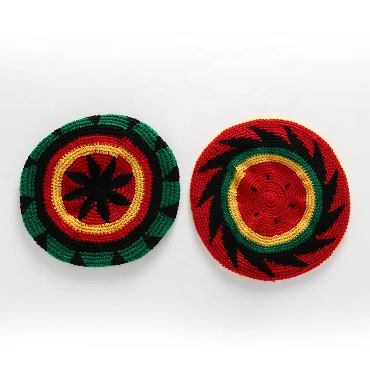 HZM-18162  Rainbow Color Acrylic Striped Crochet  Beret Reggae Jamaica Knitted Rasta Hat