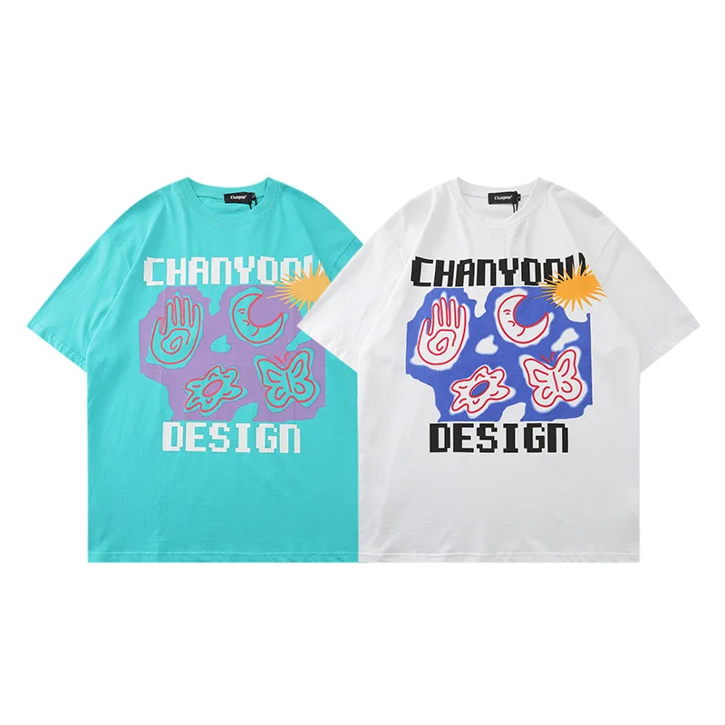 Summer Short-sleeved  Fold Round Neck Clothes Mercerized Cotton T-shirt Simple T-shirts Bright Blue T-shirt