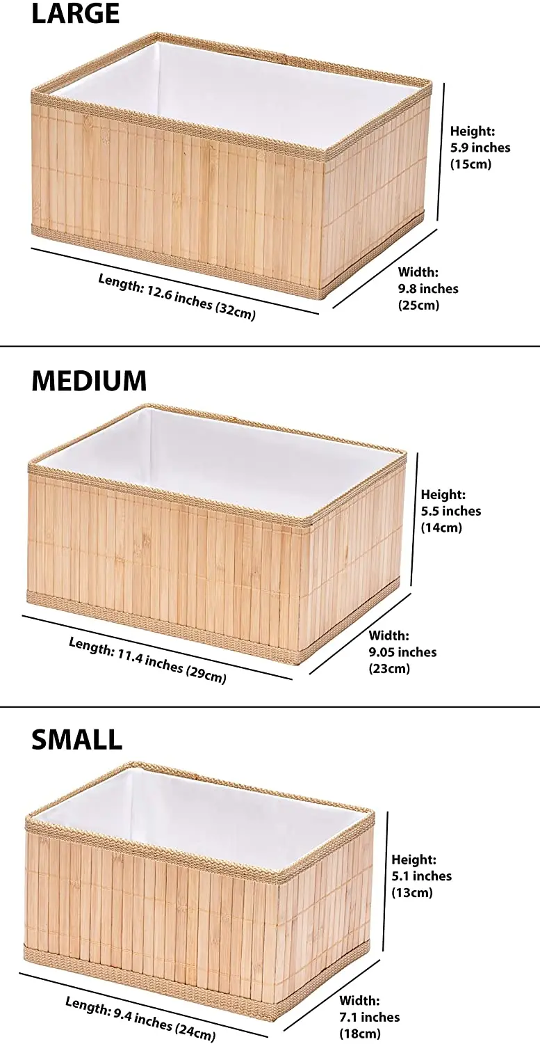 Bamboo Storage Baskets; All-Natural Organizer Bins with Fabric Liner on Inside; Boxes Great for Kitchen/living room