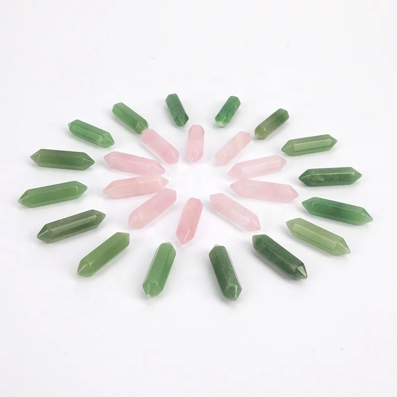 Hanhe wholesale crystal pendant chakra beads doubled-pointed charms column necklace rose quartz hexagonal prism healing stone