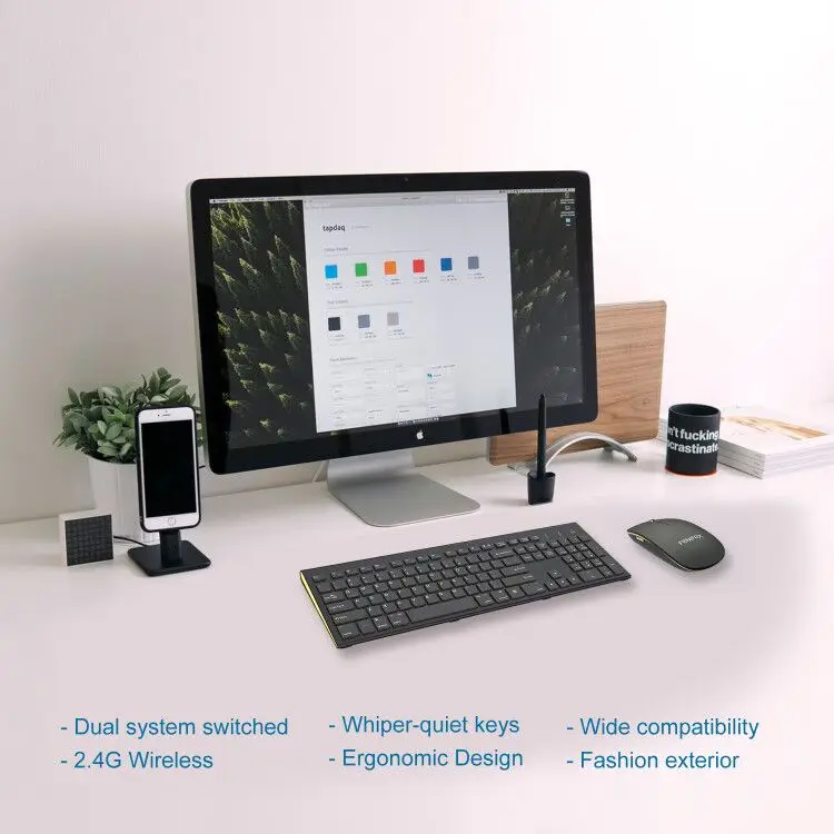 Dual System Switching Ergonomic Slope Selection 2.4G Full Size 104 Key Scissors-key Quiet Wireless Keyboard and Mouse Combos