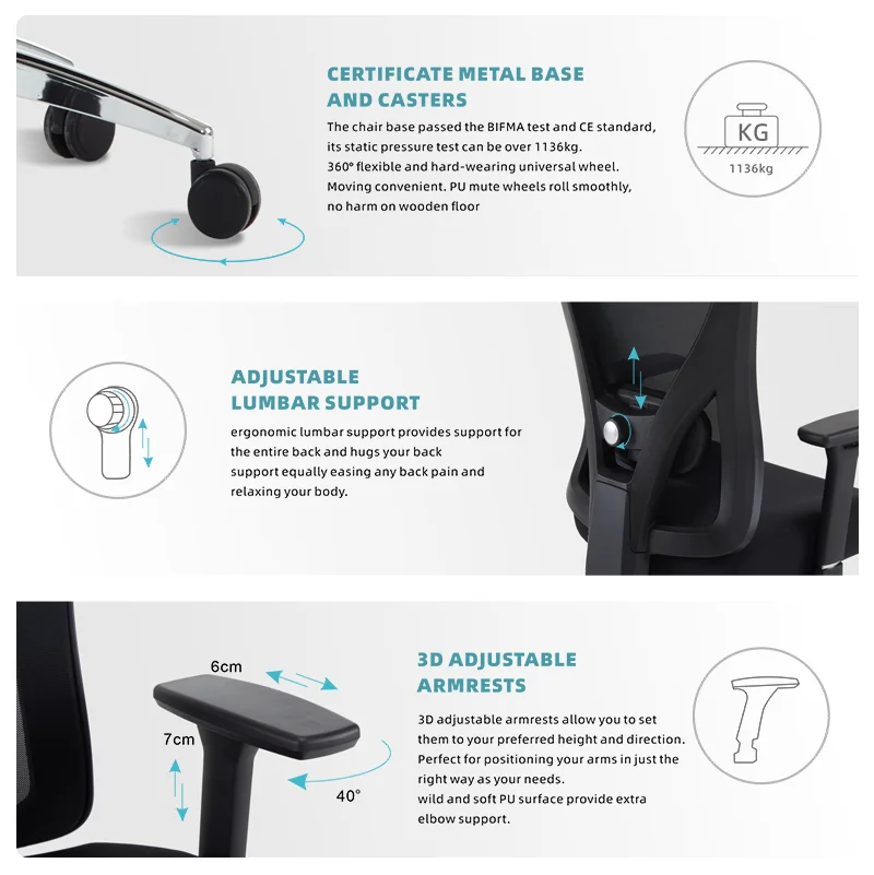 Modern Commercial Manager Chairs Lumbar Support Back Swivel Head Ergonomic Arm Rest Mesh Chair With Headrest