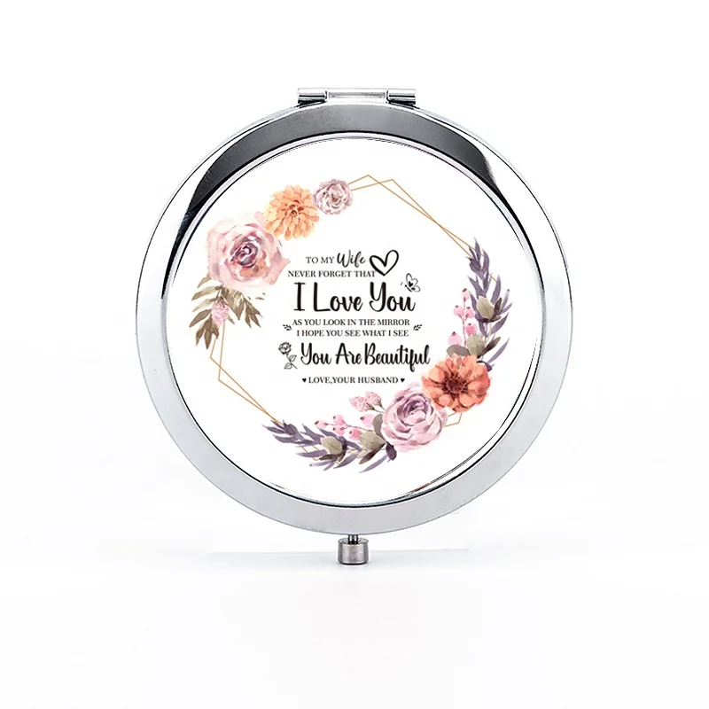 Wholesale Custom 7CM Double Side Foldable Cosmetic Mirror Logo Pattern Pocket Beauty Mirror for Wedding Birthday Makeup Dressing