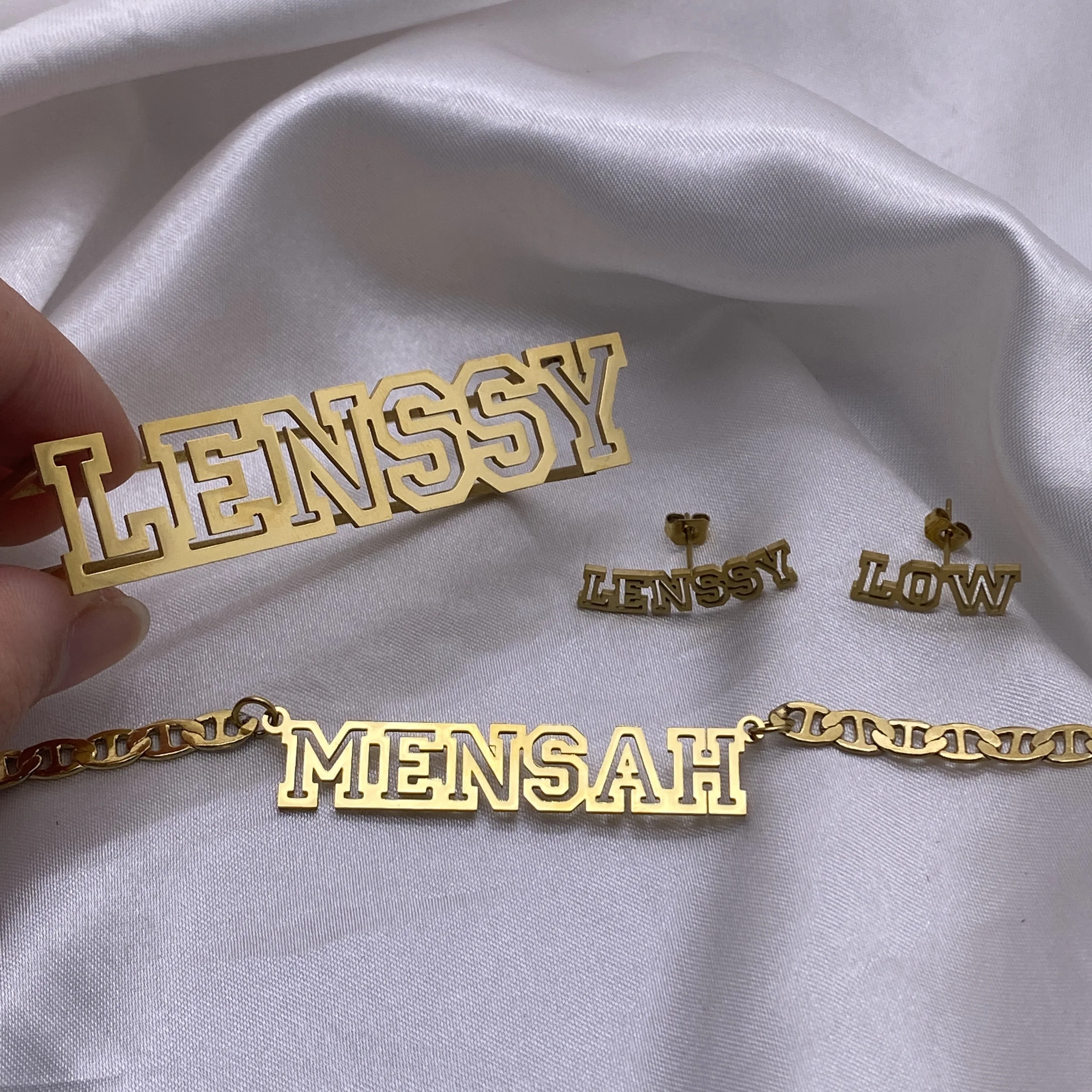 Custom Name Jewelry Sets Women Personalized Flat Chain Necklace Nameplate Three Finger Ring Earrings Stainless Steel Jewelry Set
