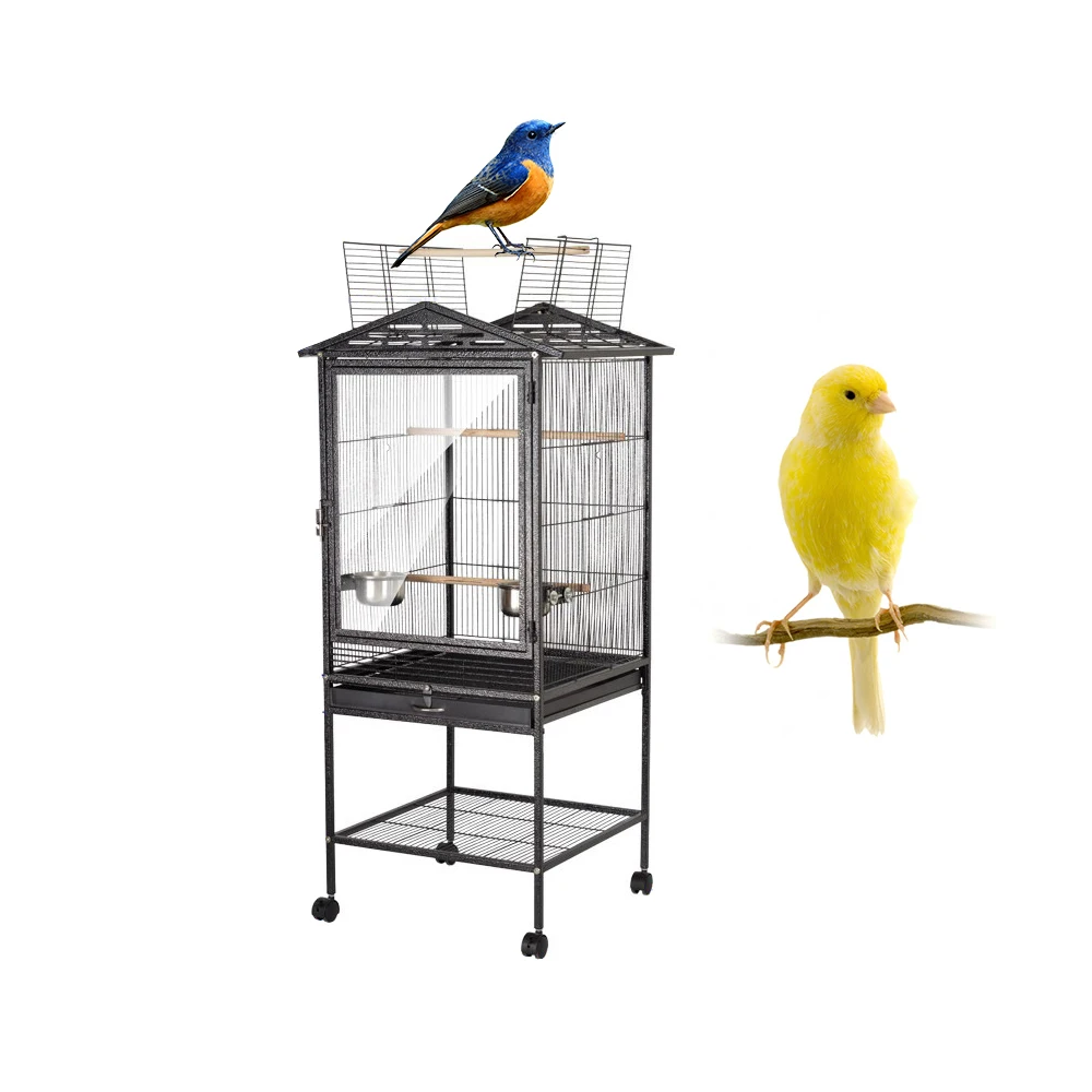 Black 34 Inch Large Metal Bird Flight Cage Bird Cage Open Top Standing Parrot Parakeet Cage With Rolling Stand