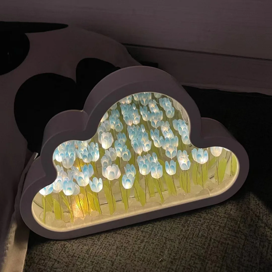 Hot Sale Handmade DIY Cloud 20 Tulip Flowers Night Light With Mirror Luminous Tulip Lamp For Bedroom Decoration