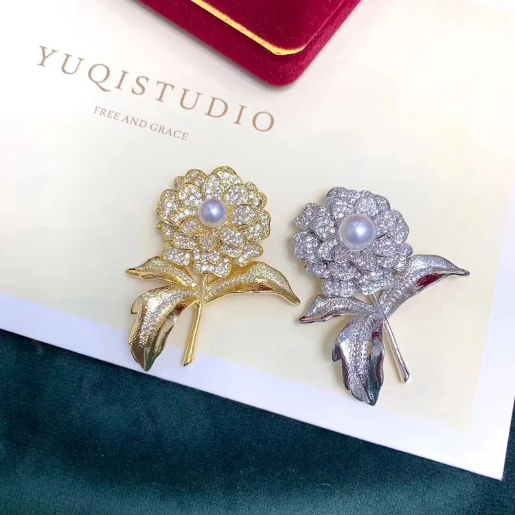 Wholesale custom woman fashion pearl flower design brooches pins leaves enamel jewelry brooch