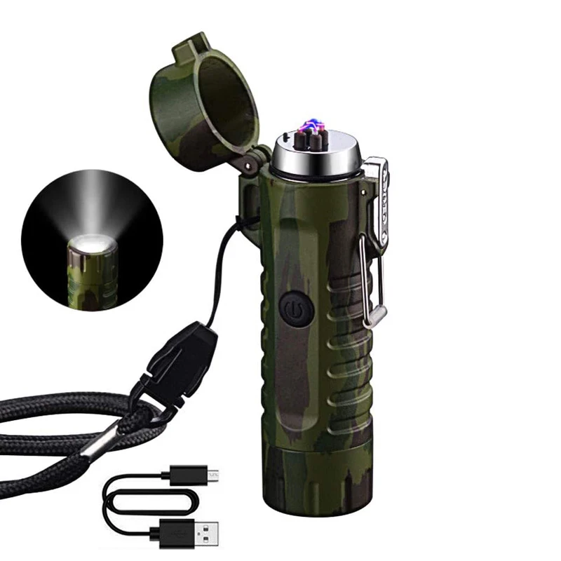 Портативный уличный светодиодный фонарик, электрическая зажигалка с двойной дугой, водонепроницаемая плазменная перезаряжаемая с USB, ветрозащитное оборудование для кемпинга и выживания