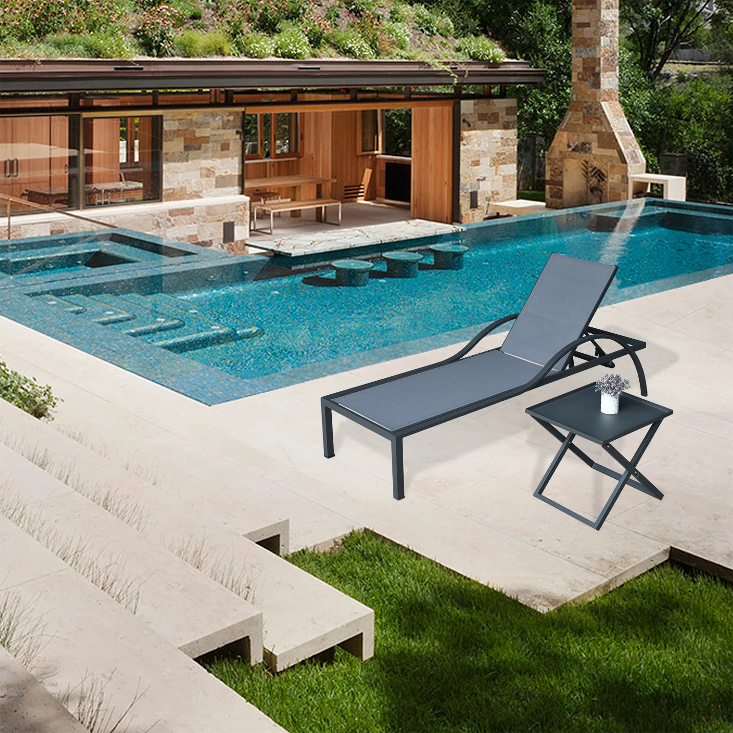 Outdoor Furniture Aluminum And Sling Fabric Swimming Pool Sunbed Sun Lounger